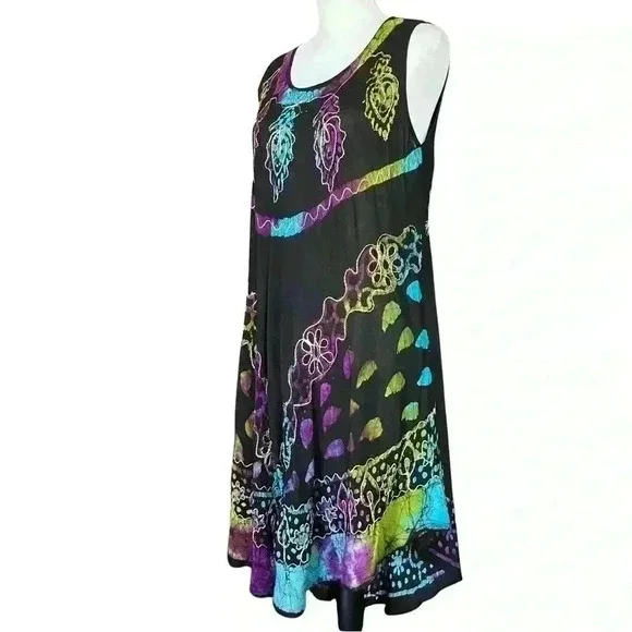 Boho Black Colorful Embroidered Semi Sheer Dress. Made in India. One Size. - Picture 4 of 12